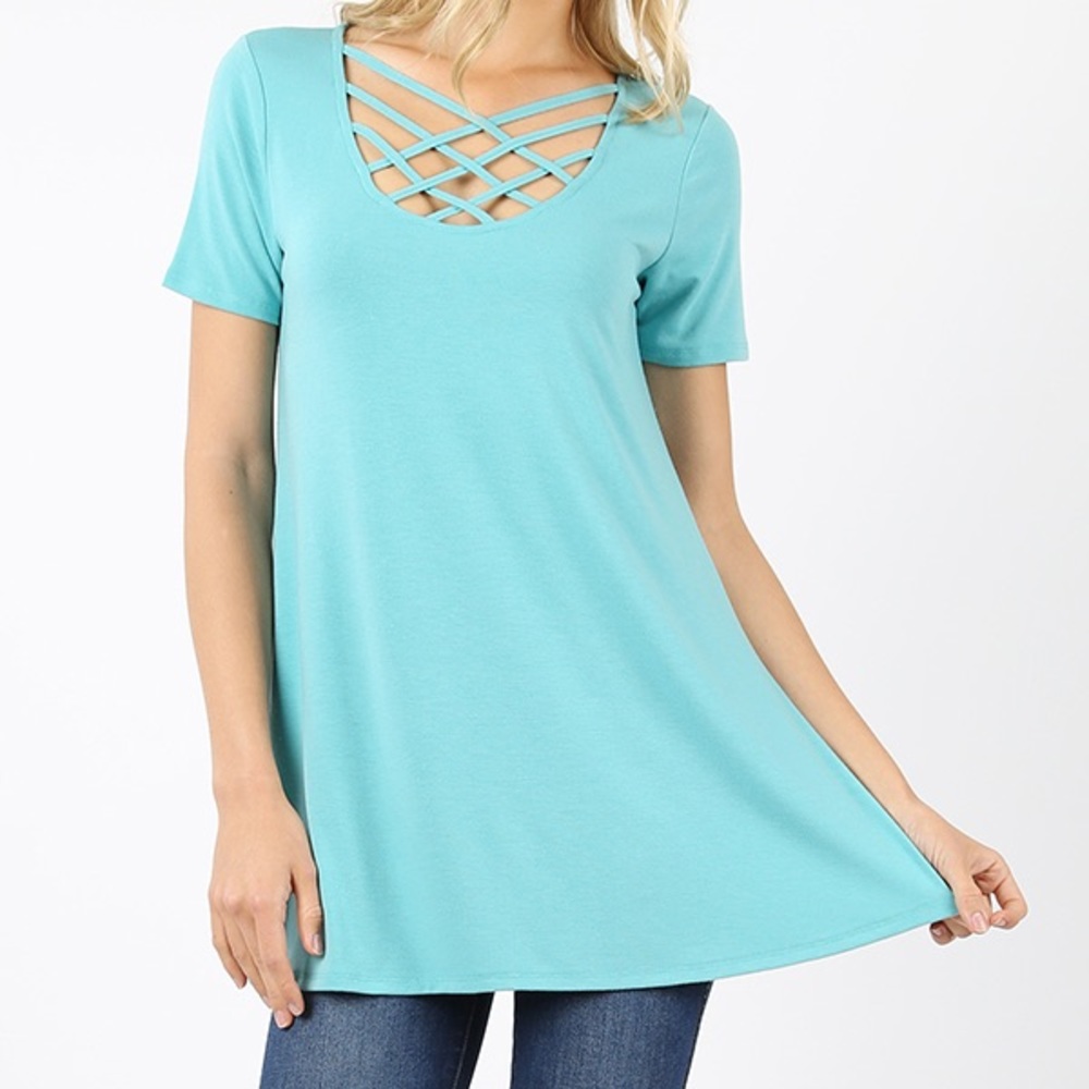 Zenana Triple Lattice Criss Cross Shirt